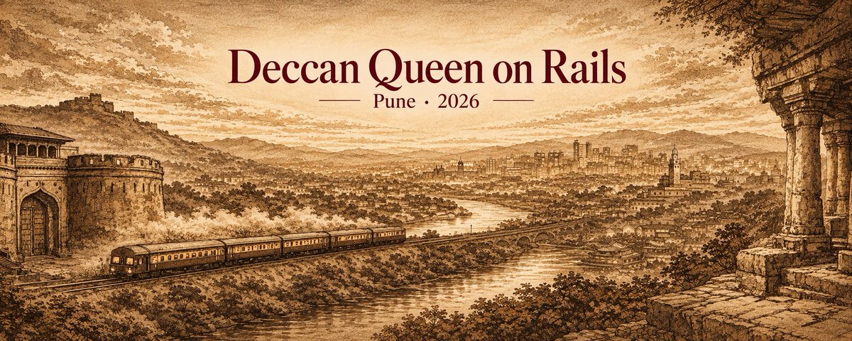 Deccan Queen on Rails, Pune 2026, illustrated with the Deccan Queen train and Pune’s heritage landmarks