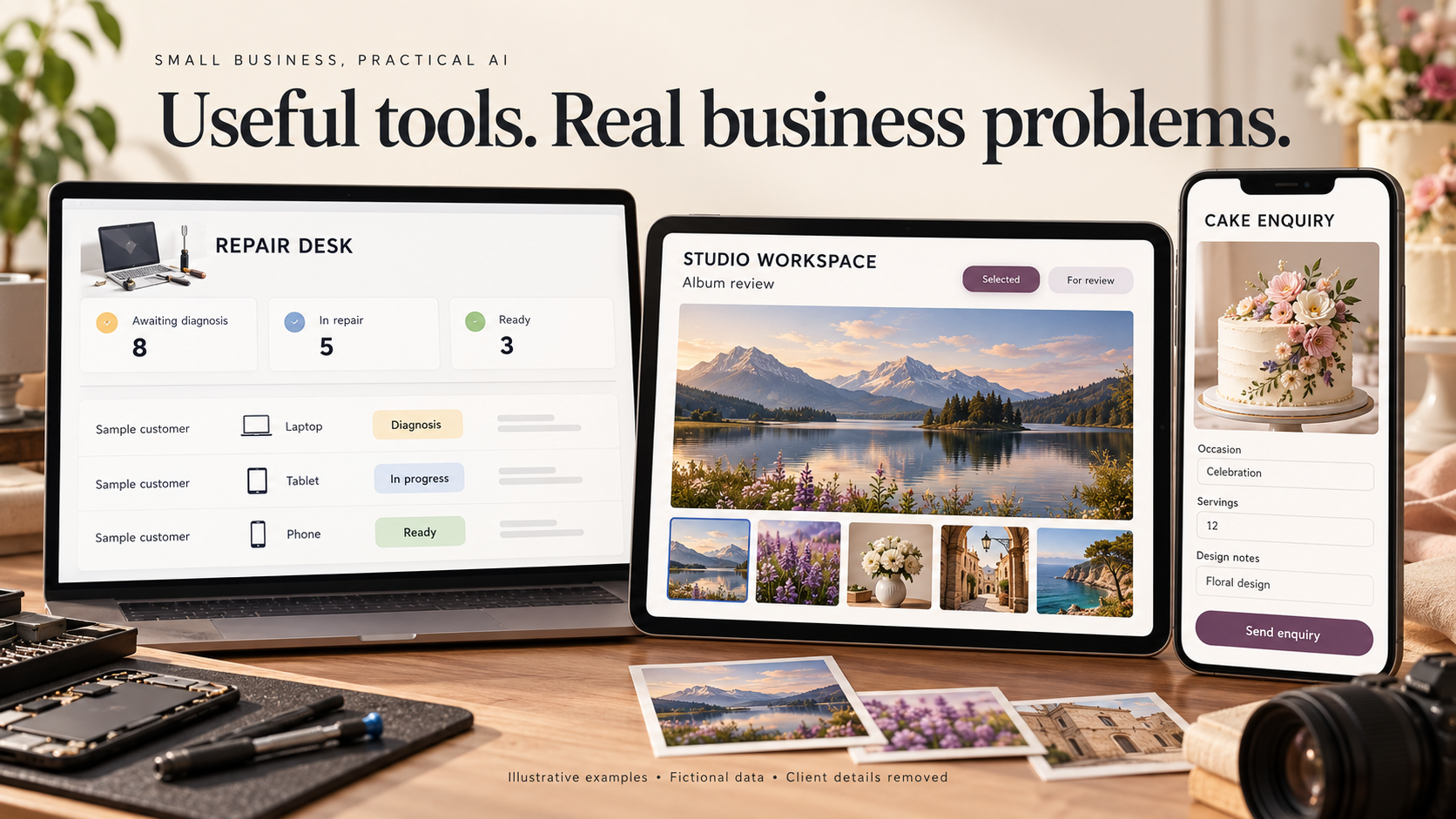Fictional repair tracker, photography album review, and cake enquiry interfaces illustrating small business tools